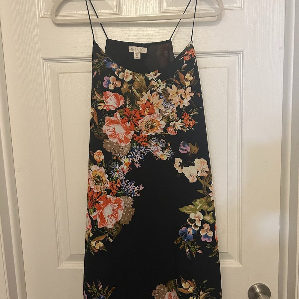 Lila Rose Dress Womens Size Large Navy Floral Mini Shift Dress Spaghetti Straps